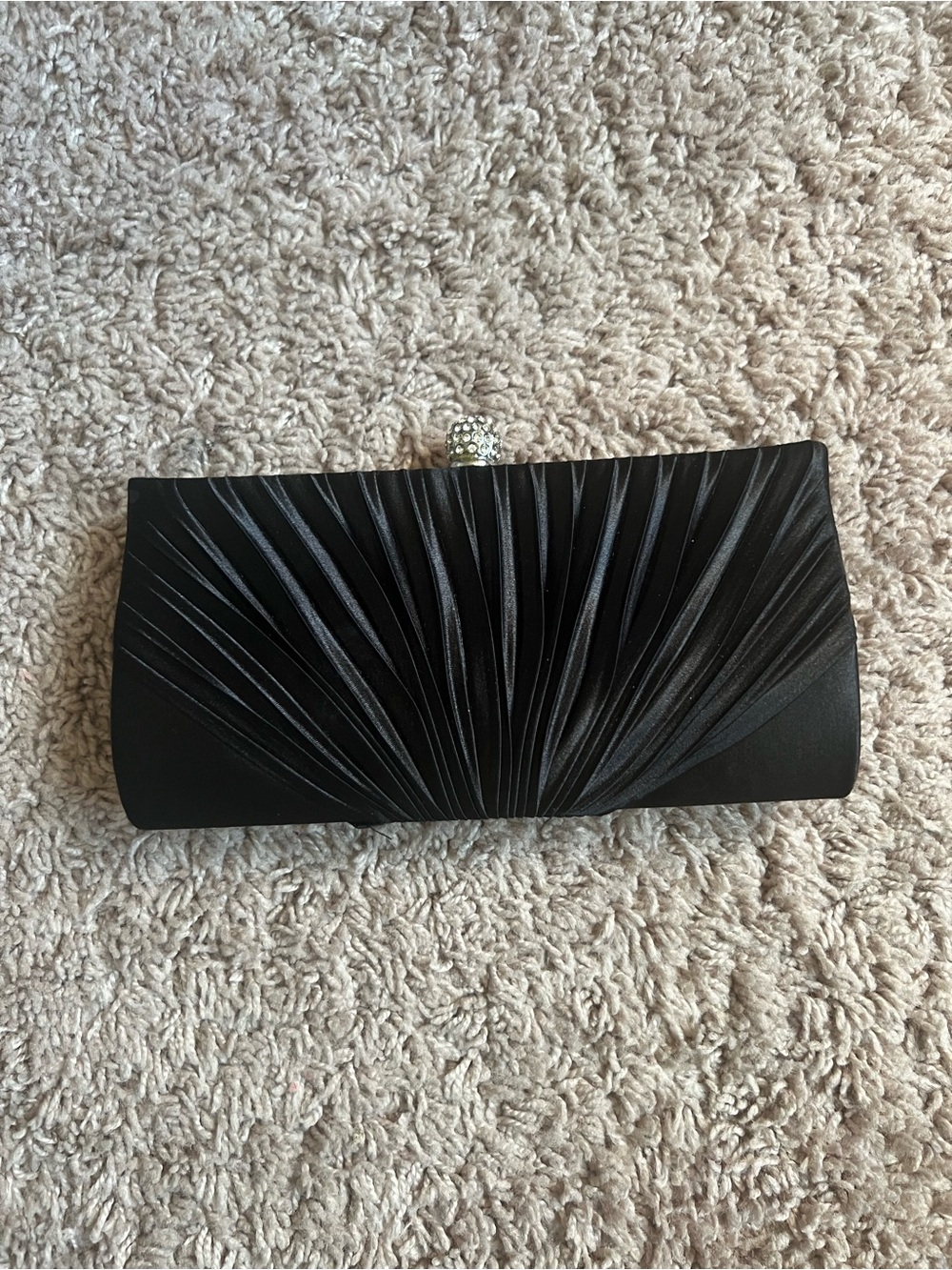Charming Charlie Black Satin Pleated Clutch with Jeweled Clasp